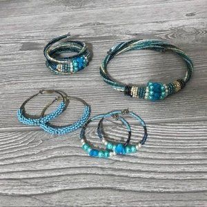 beaded Jewelry bundle set necklace 2 earrings & bracelet beaded wrap set blue be
